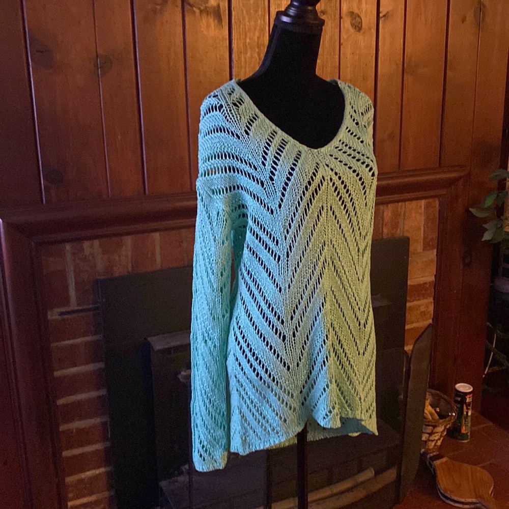 Crochet top in sea foam green light spring sweater tunic length
